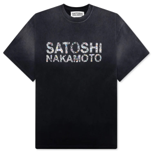 SATOSHI NAKAMOTO PEARL STUDDED LOGO TEE ~ WASHED BLACK